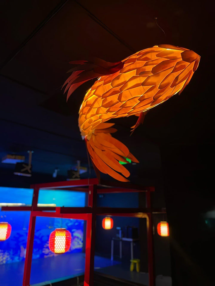 Crimson Swirl Koi Chandelier – Artistic Wooden Lighting Design | Vinlighting | Vinlighting