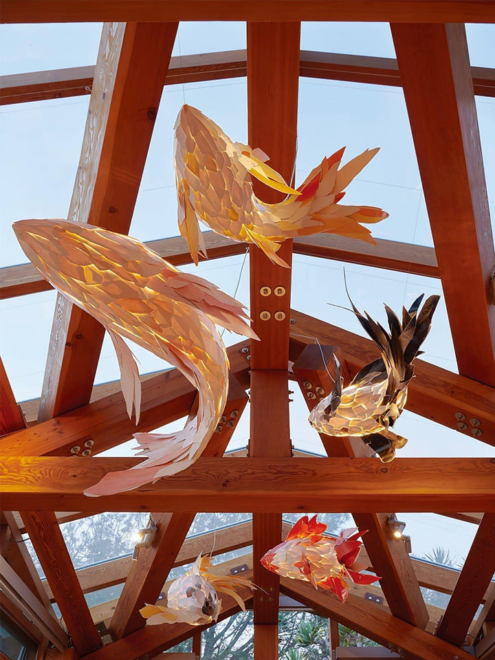 Crimson Swirl Koi Chandelier – Artistic Wooden Lighting Design | Vinlighting | Vinlighting