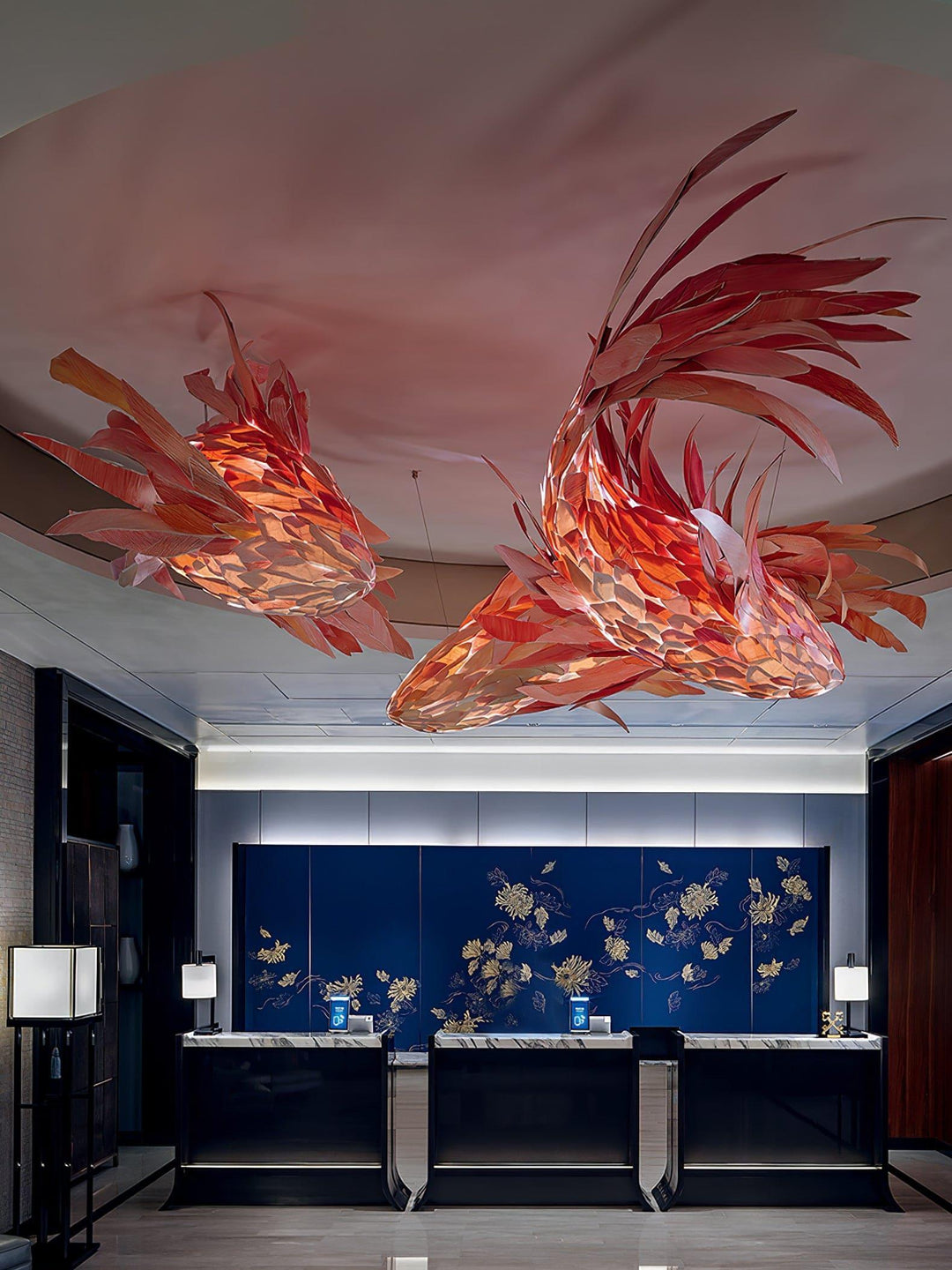 Crimson Swirl Koi Chandelier – Artistic Wooden Lighting Design | Vinlighting | Vinlighting