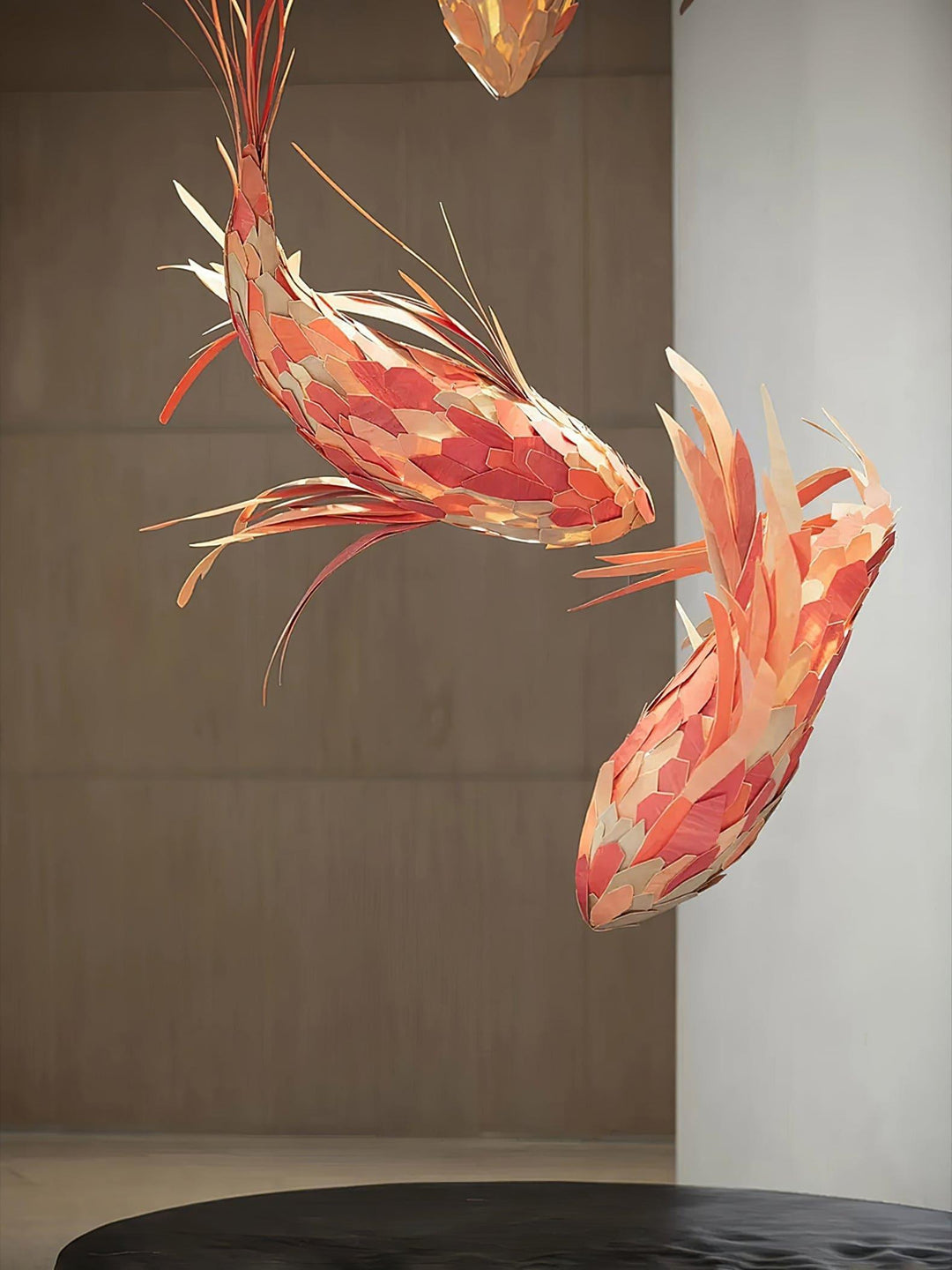 Crimson Swirl Koi Chandelier – Artistic Wooden Lighting Design | Vinlighting | Vinlighting