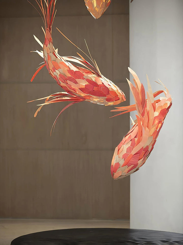 Crimson Swirl Koi Chandelier – Artistic Wooden Lighting Design | Vinlighting | Vinlighting