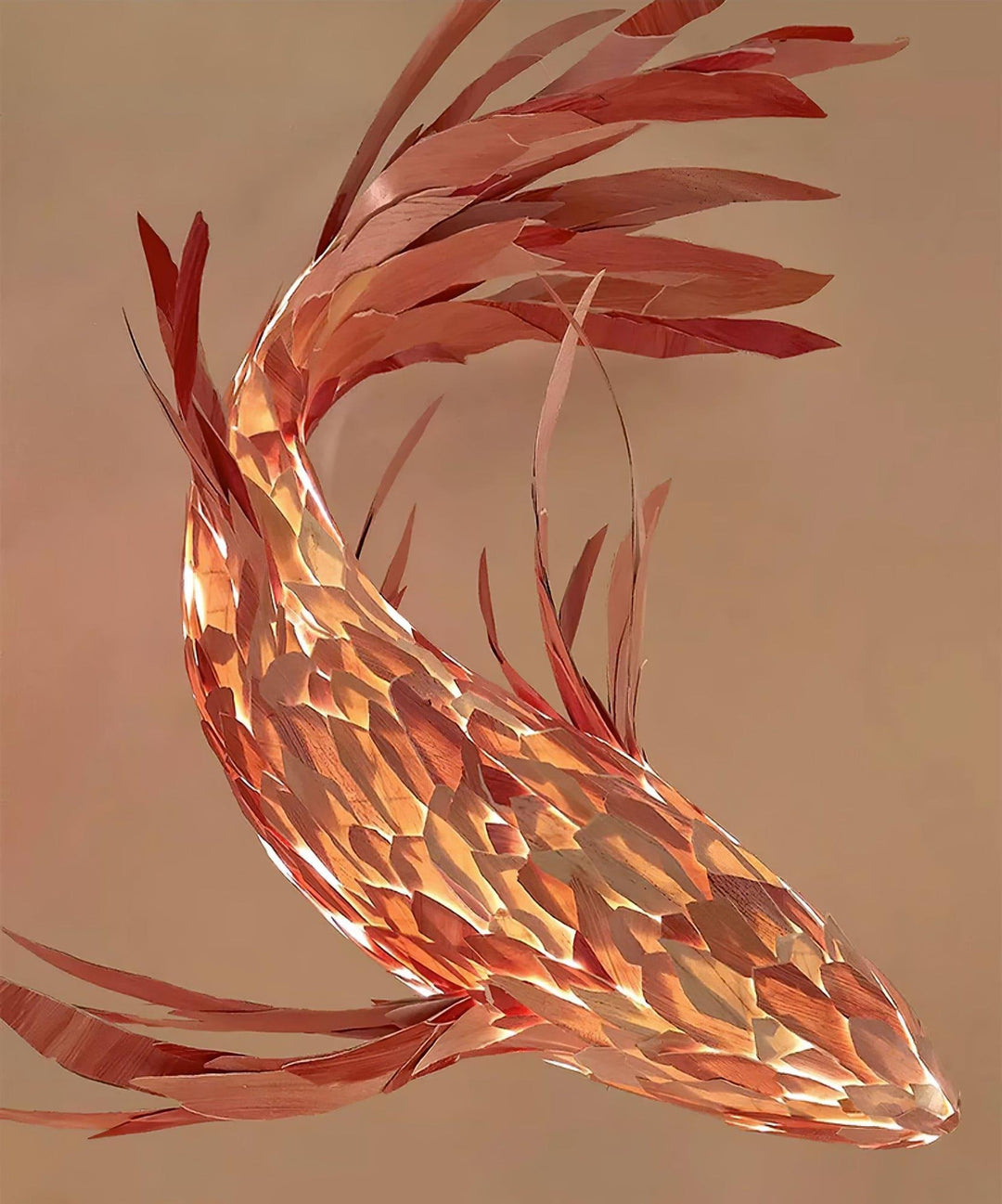 Crimson Swirl Koi Chandelier – Artistic Wooden Lighting Design | Vinlighting | Vinlighting