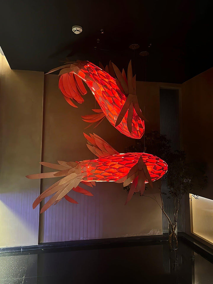 Crimson Swirl Koi Chandelier – Artistic Wooden Lighting Design | Vinlighting | Vinlighting