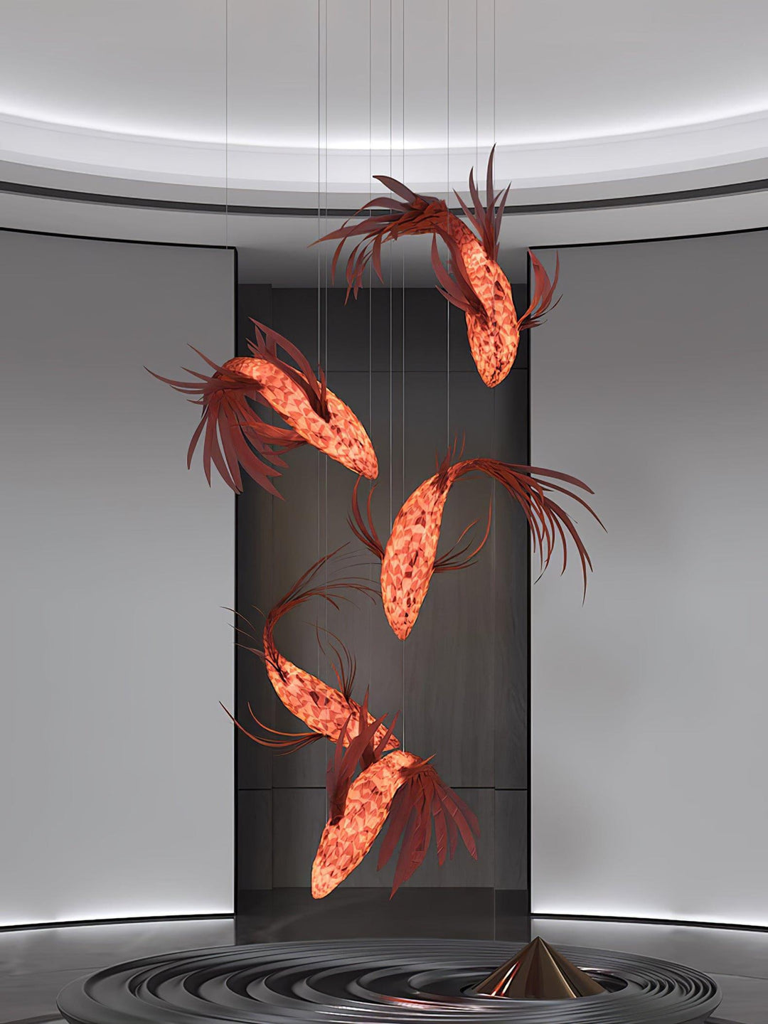 Crimson Swirl Koi Chandelier – Artistic Wooden Lighting Design | Vinlighting | Vinlighting