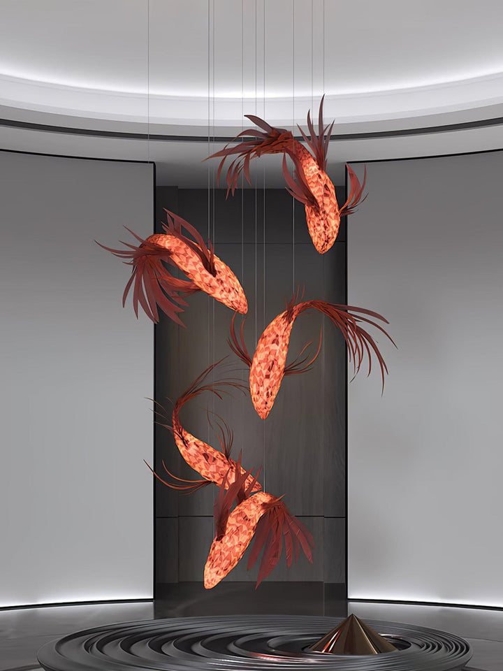 Crimson Swirl Koi Chandelier – Artistic Wooden Lighting Design | Vinlighting | Vinlighting