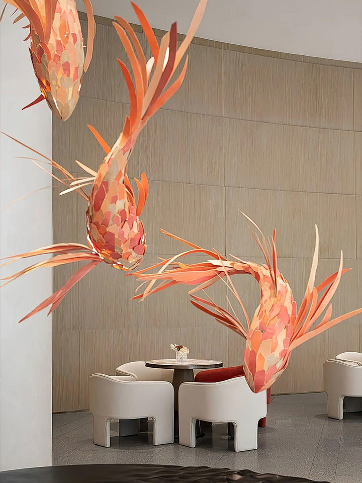 Crimson Swirl Koi Chandelier – Artistic Wooden Lighting Design | Vinlighting | Vinlighting