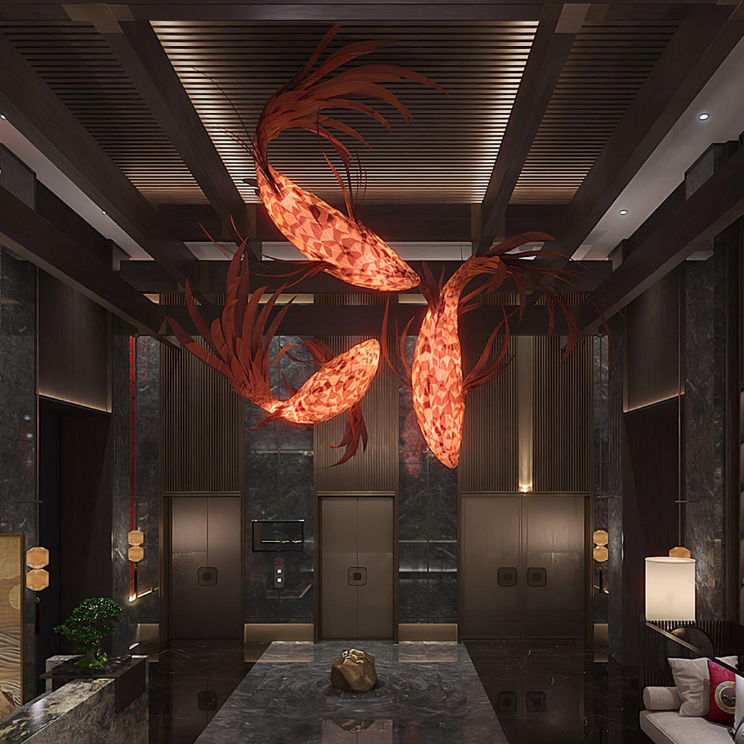 Crimson Swirl Koi Chandelier – Artistic Wooden Lighting Design | Vinlighting | Vinlighting