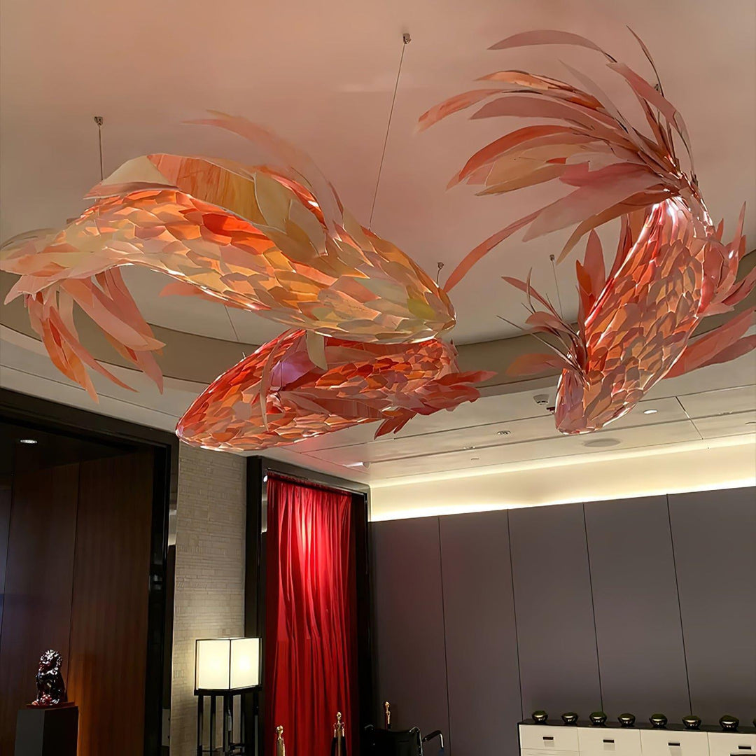 Crimson Swirl Koi Chandelier – Artistic Wooden Lighting Design | Vinlighting | Vinlighting
