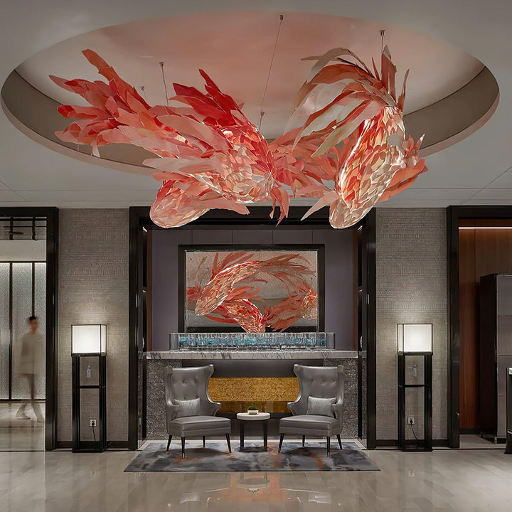 Crimson Swirl Koi Chandelier – Artistic Wooden Lighting Design | Vinlighting | Vinlighting