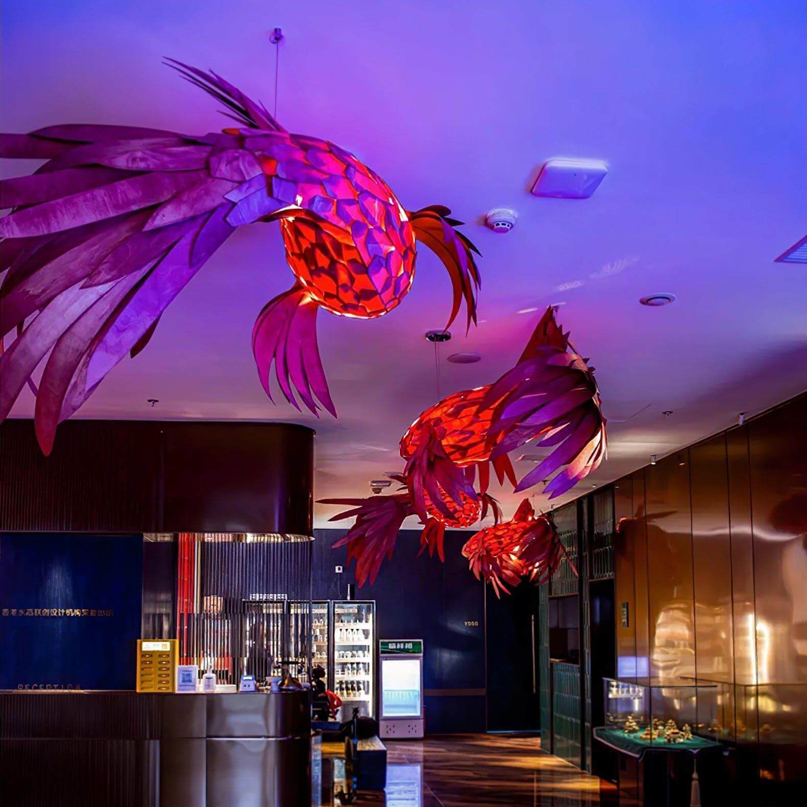 Crimson Swirl Koi Chandelier – Artistic Wooden Lighting Design