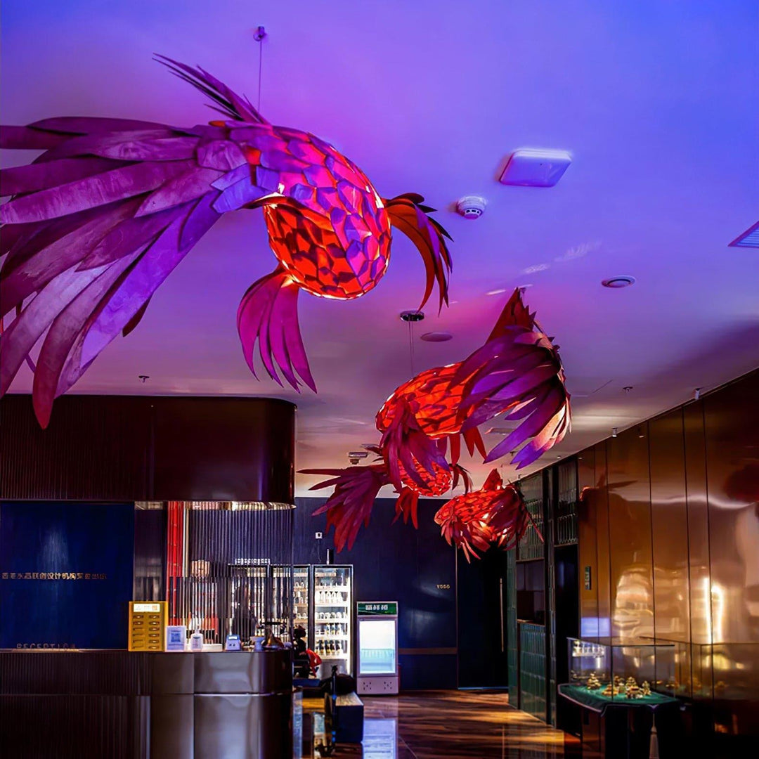 Crimson Swirl Koi Chandelier – Artistic Wooden Lighting Design | Vinlighting | Vinlighting