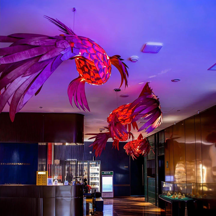 Crimson Swirl Koi Chandelier – Artistic Wooden Lighting Design | Vinlighting | Vinlighting