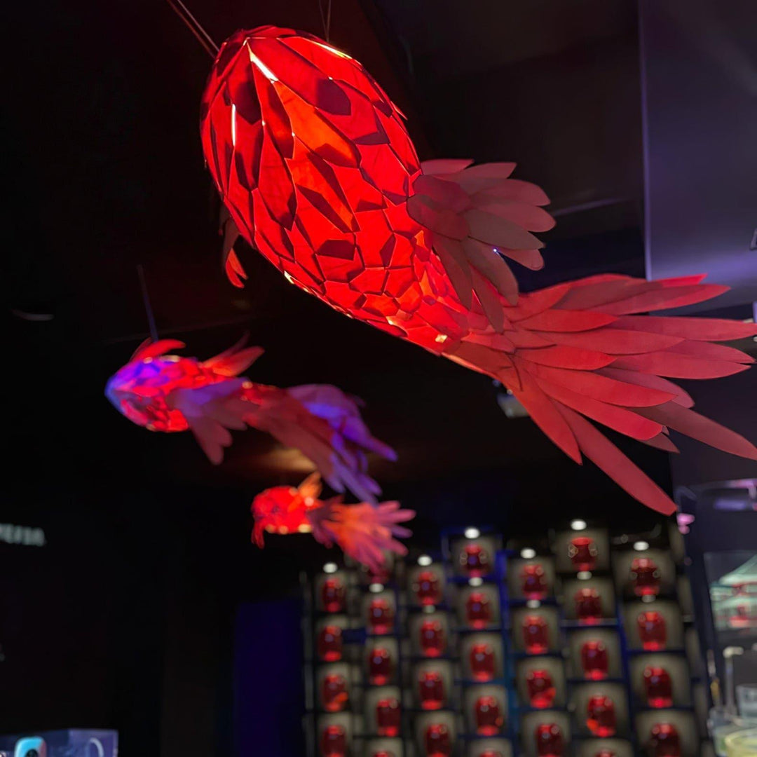 Crimson Swirl Koi Chandelier – Artistic Wooden Lighting Design | Vinlighting | Vinlighting