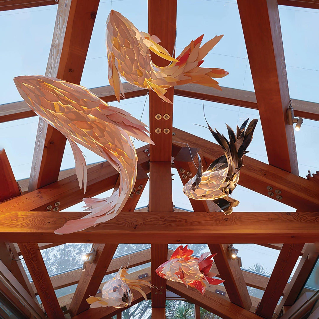 Crimson Swirl Koi Chandelier – Artistic Wooden Lighting Design | Vinlighting | Vinlighting