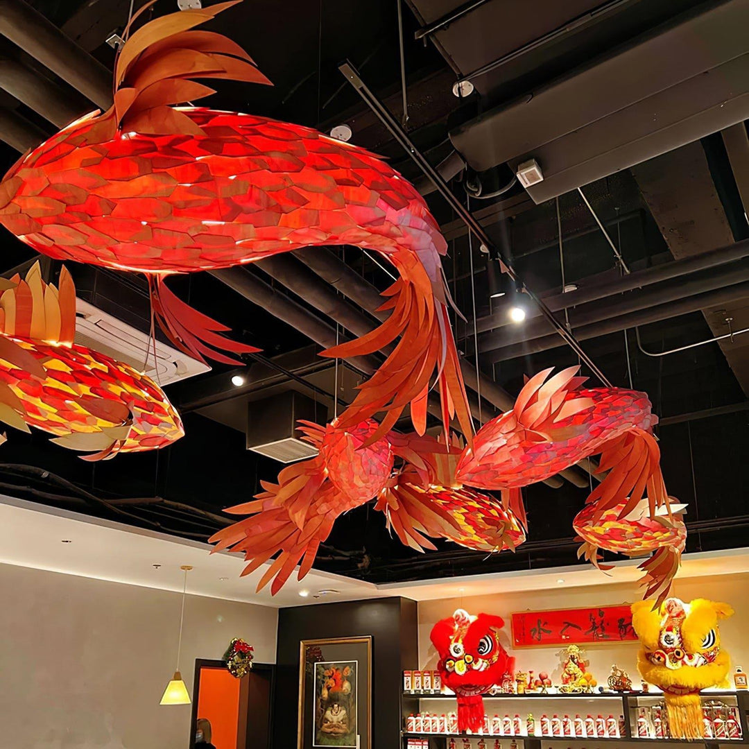 Crimson Swirl Koi Chandelier – Artistic Wooden Lighting Design | Vinlighting | Vinlighting