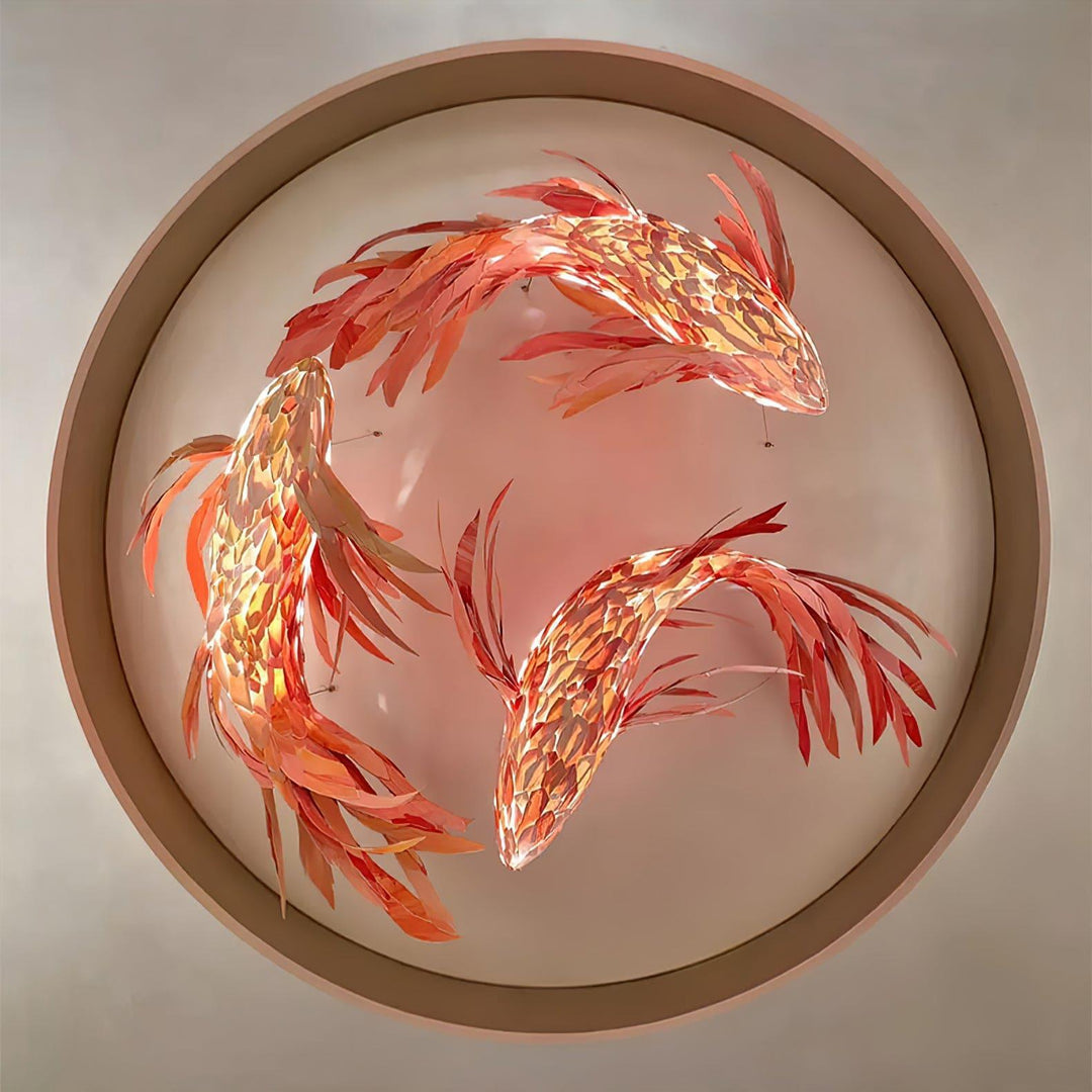 Crimson Swirl Koi Chandelier – Artistic Wooden Lighting Design | Vinlighting | Vinlighting