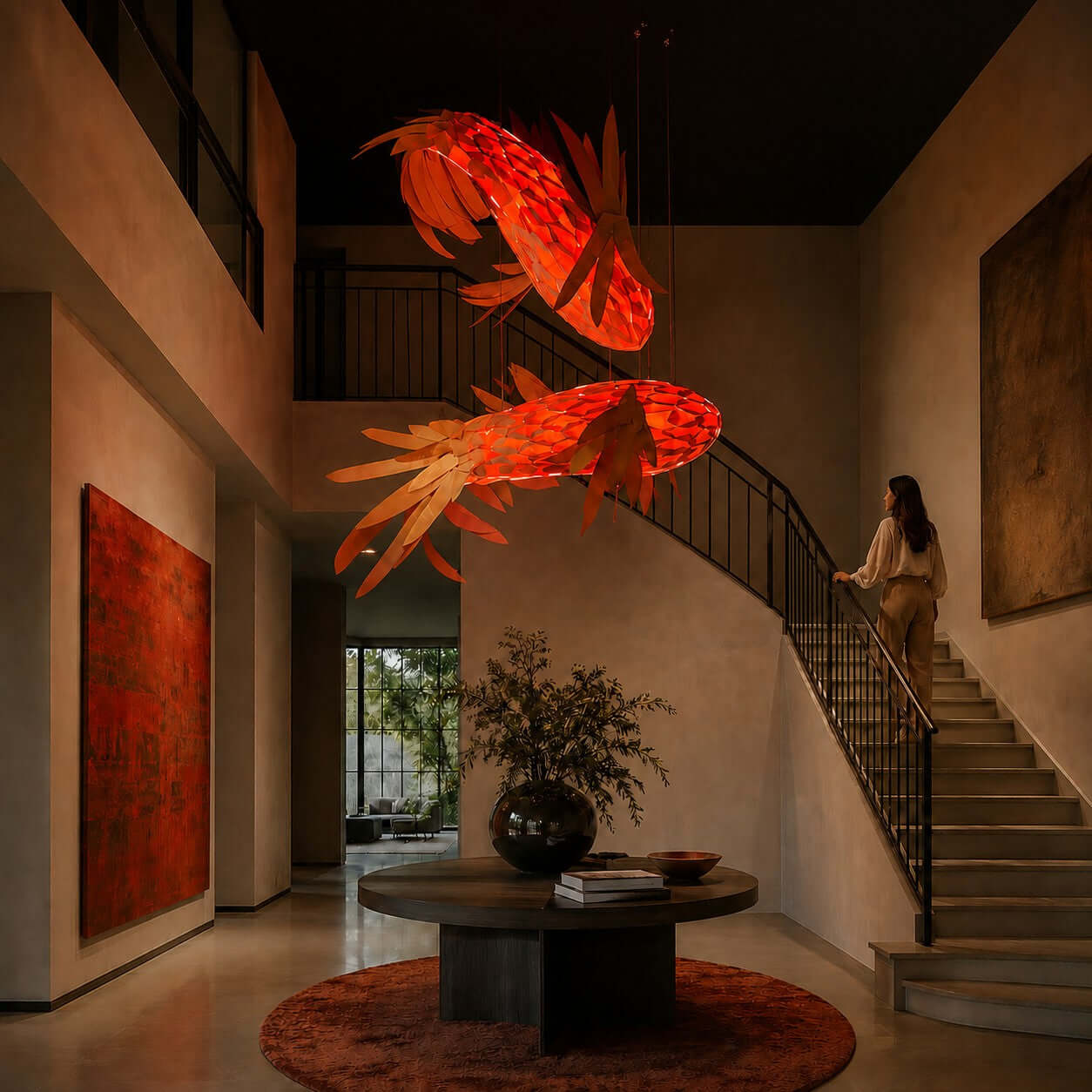 Crimson Swirl Koi Chandelier – Artistic Wooden Lighting Design