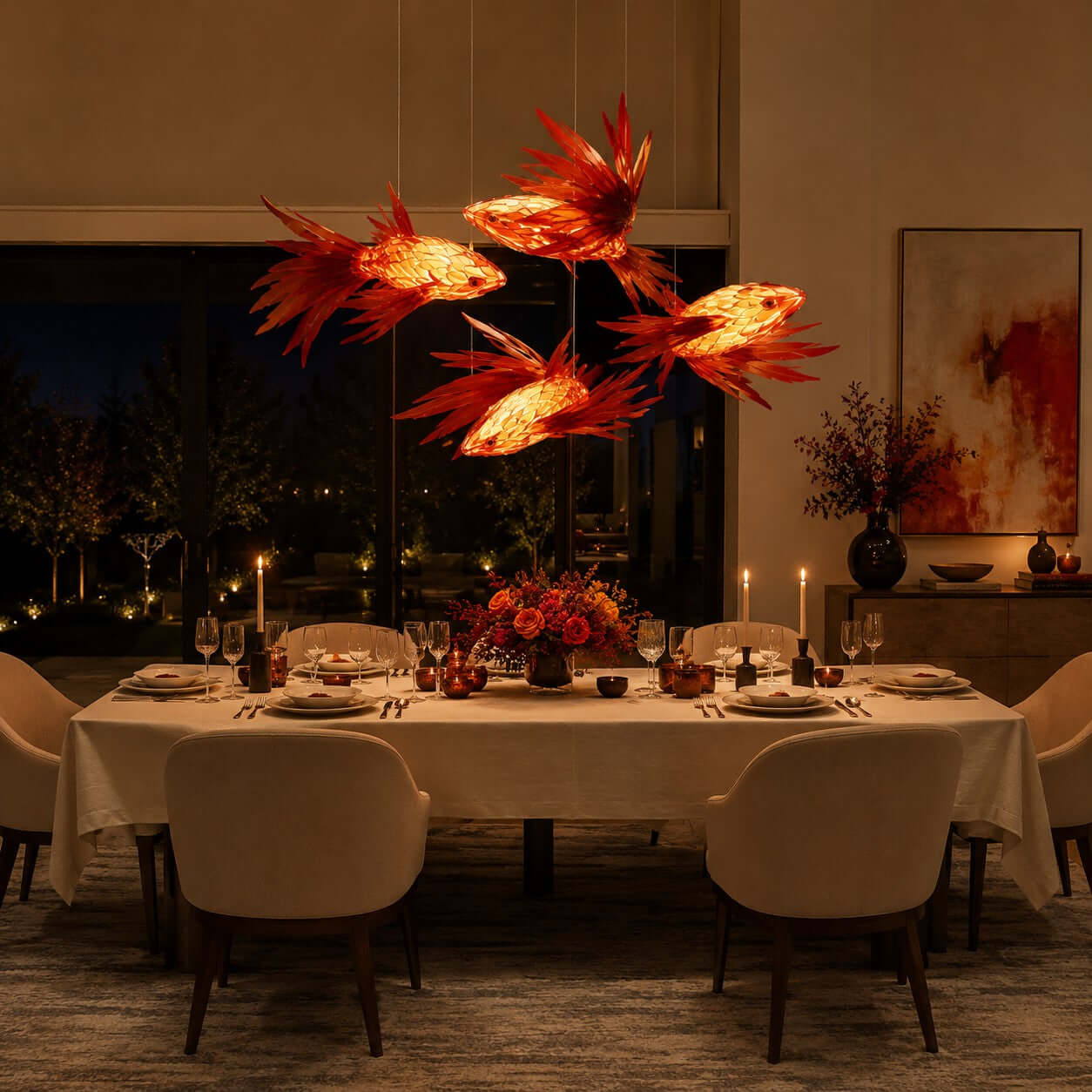 Crimson Swirl Koi Chandelier – Artistic Wooden Lighting Design