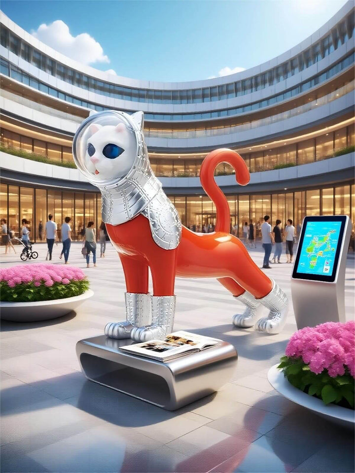 Colorful cat sculpture in a plaza, showcasing modern art design and vibrant outdoor ambiance.