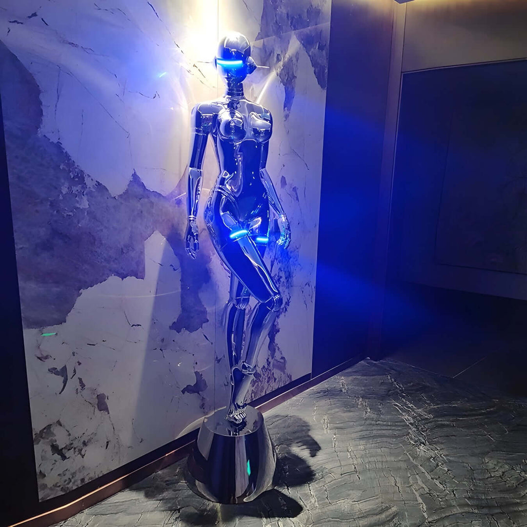 Sculptural Dream Goddess floor lamp with blue lights, perfect for modern decor, showcasing art deco style and elegance.