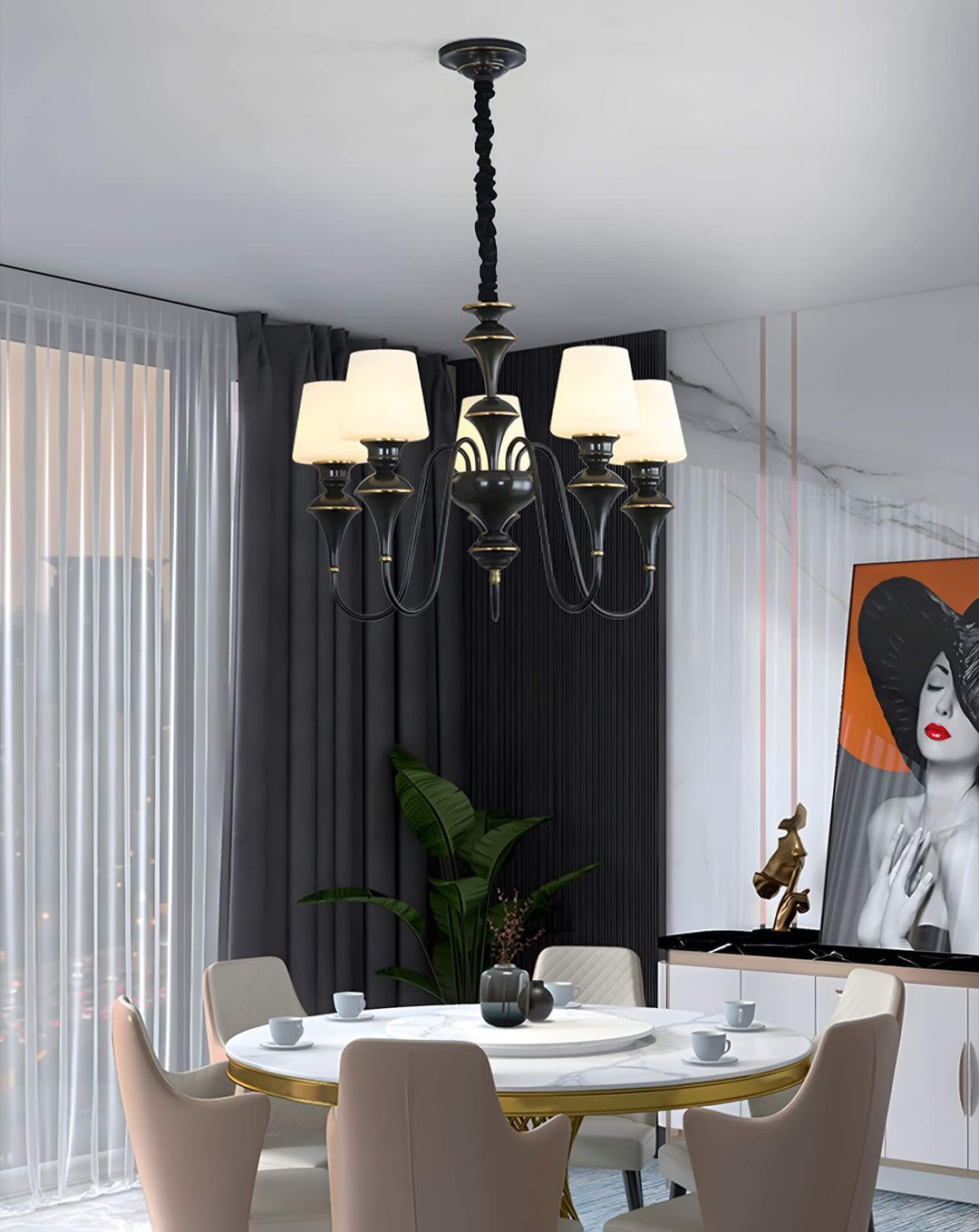 Droval Chandelier - Vintage Brass & Glass for Living Room & Dining Area