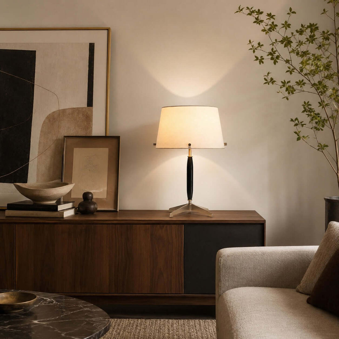 Elaric Mid-Century Wood Table Lamp with Fabric Shade for Living Room