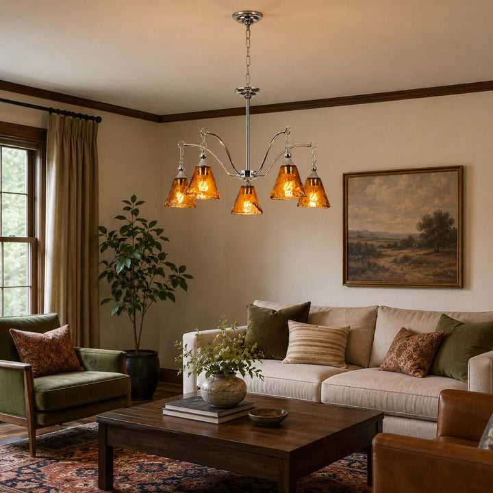 Amber Glass Chandelier for Dining Room and Entryway Lighting