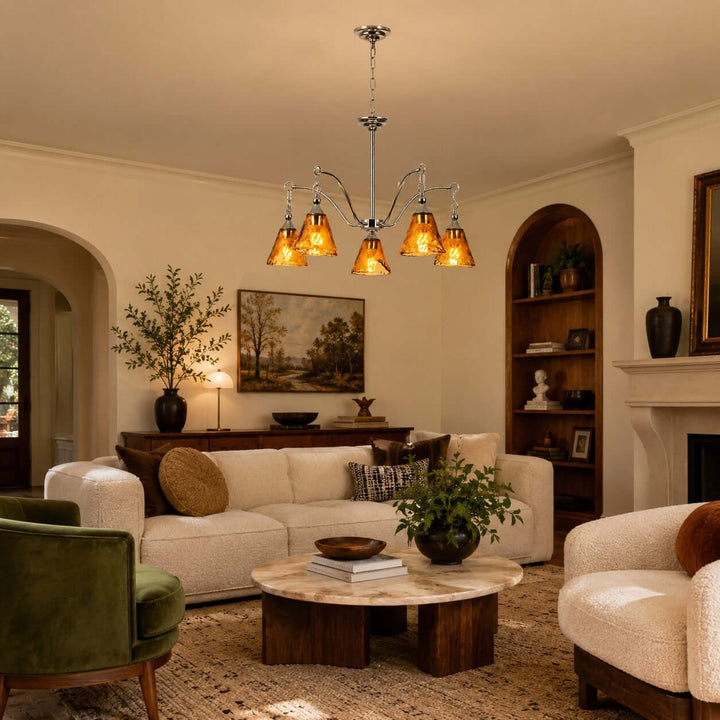 Amber Glass Chandelier for Dining Room and Entryway Lighting