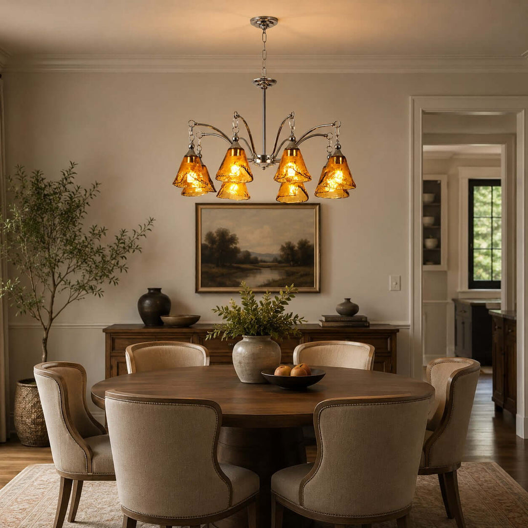 Amber Glass Chandelier for Dining Room and Entryway Lighting
