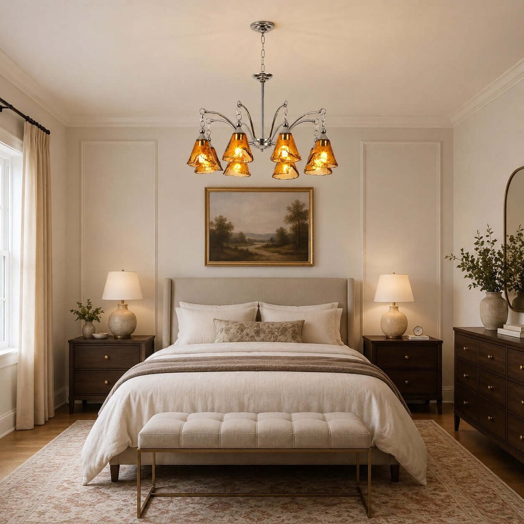 Amber Glass Chandelier for Dining Room and Entryway Lighting