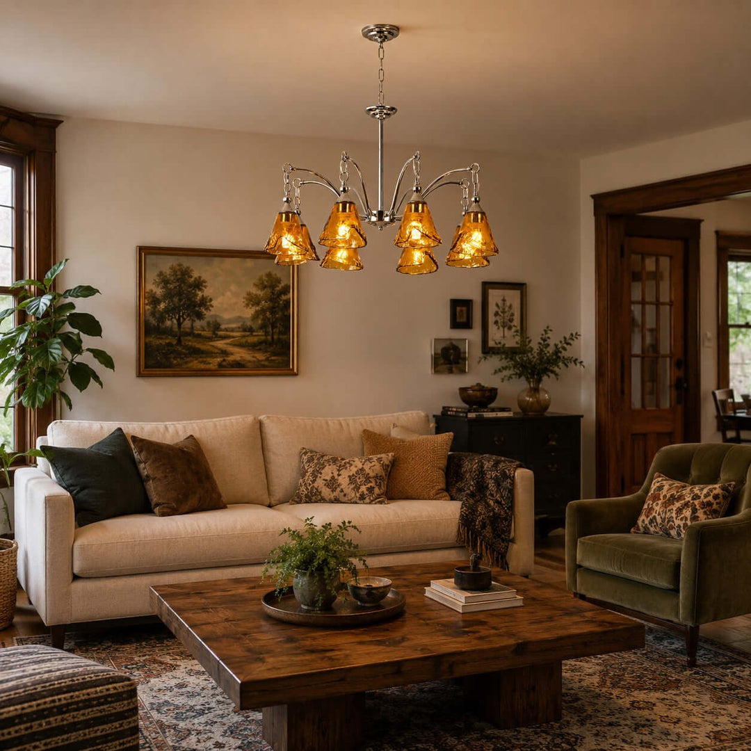 Amber Glass Chandelier for Dining Room and Entryway Lighting