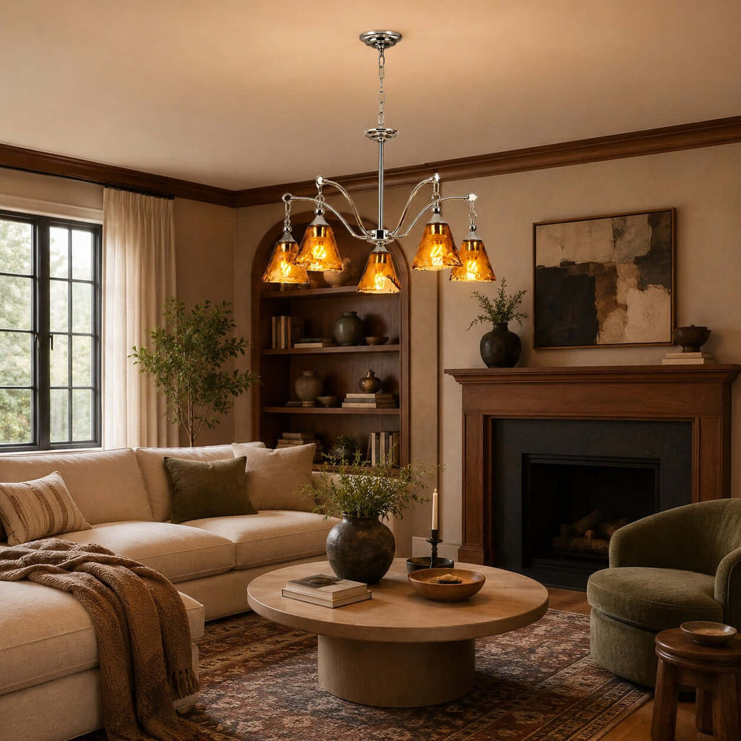 Amber Glass Chandelier for Dining Room and Entryway Lighting