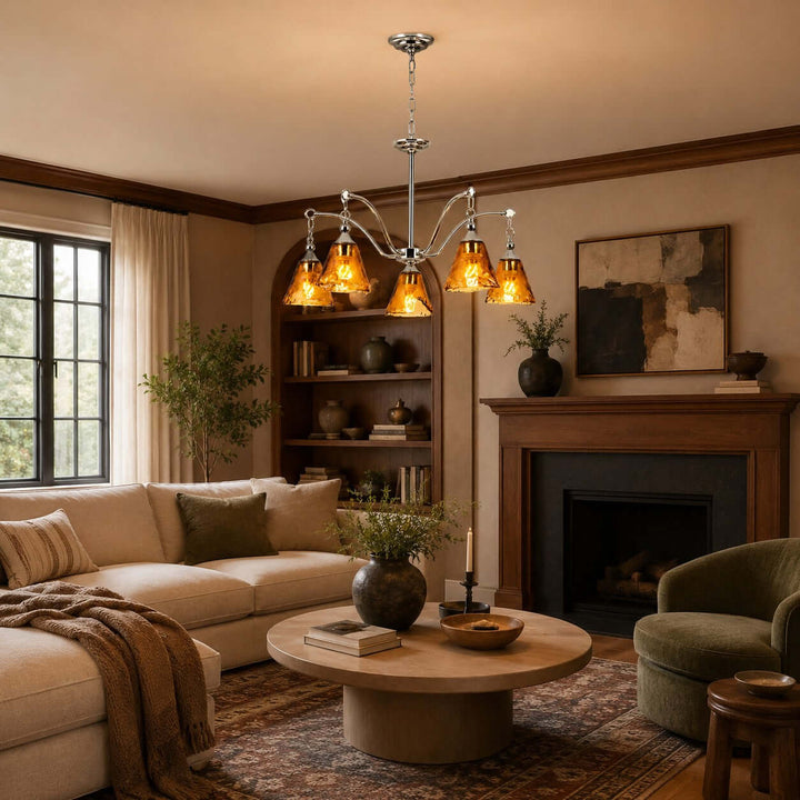 Amber Glass Chandelier for Dining Room and Entryway Lighting