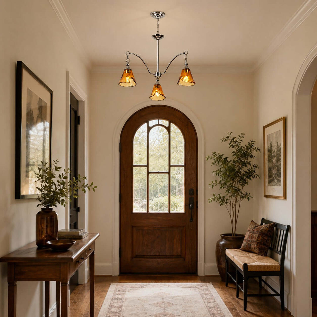 Amber Glass Chandelier for Dining Room and Entryway Lighting