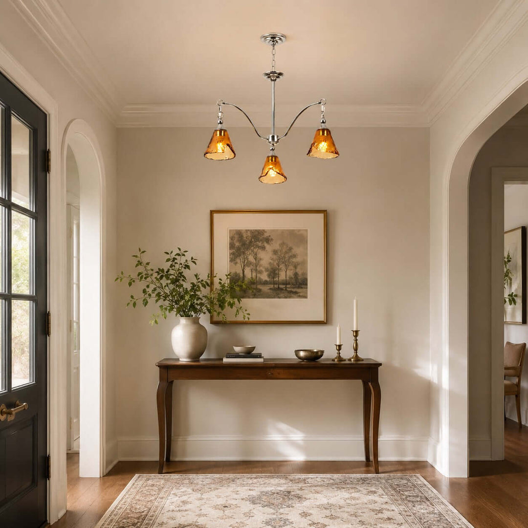 Amber Glass Chandelier for Dining Room and Entryway Lighting