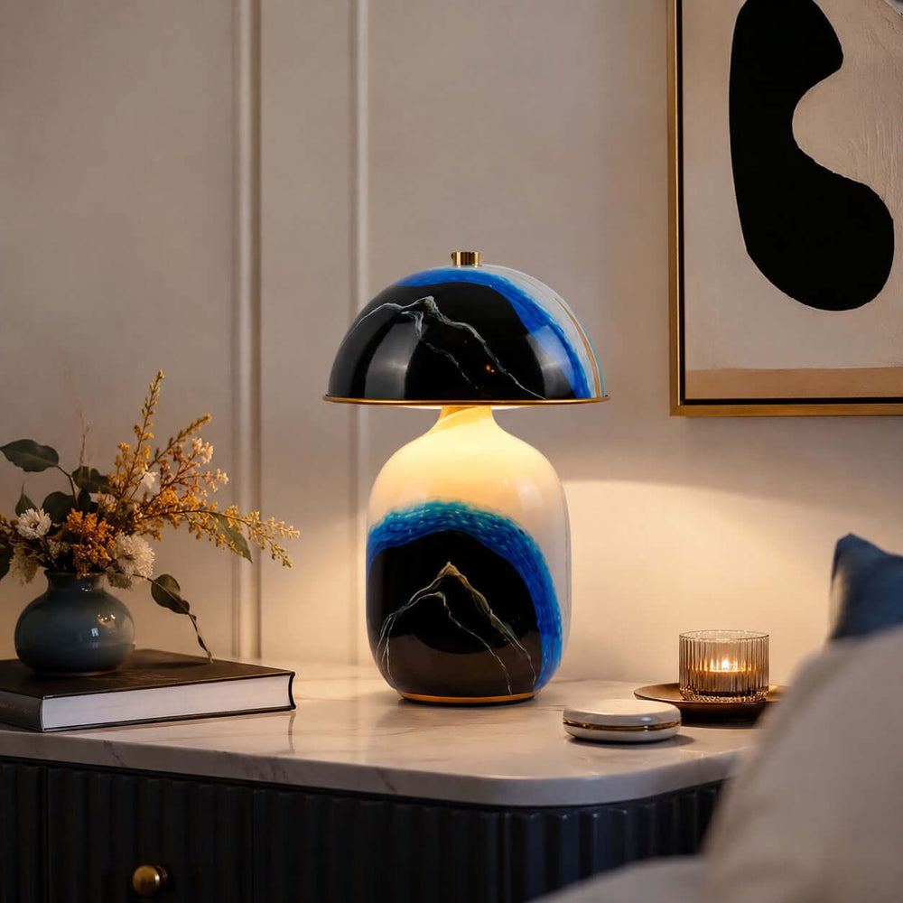 Evarin Table Lamp | Artistic Blue Ceramic Lamp for Living Rooms