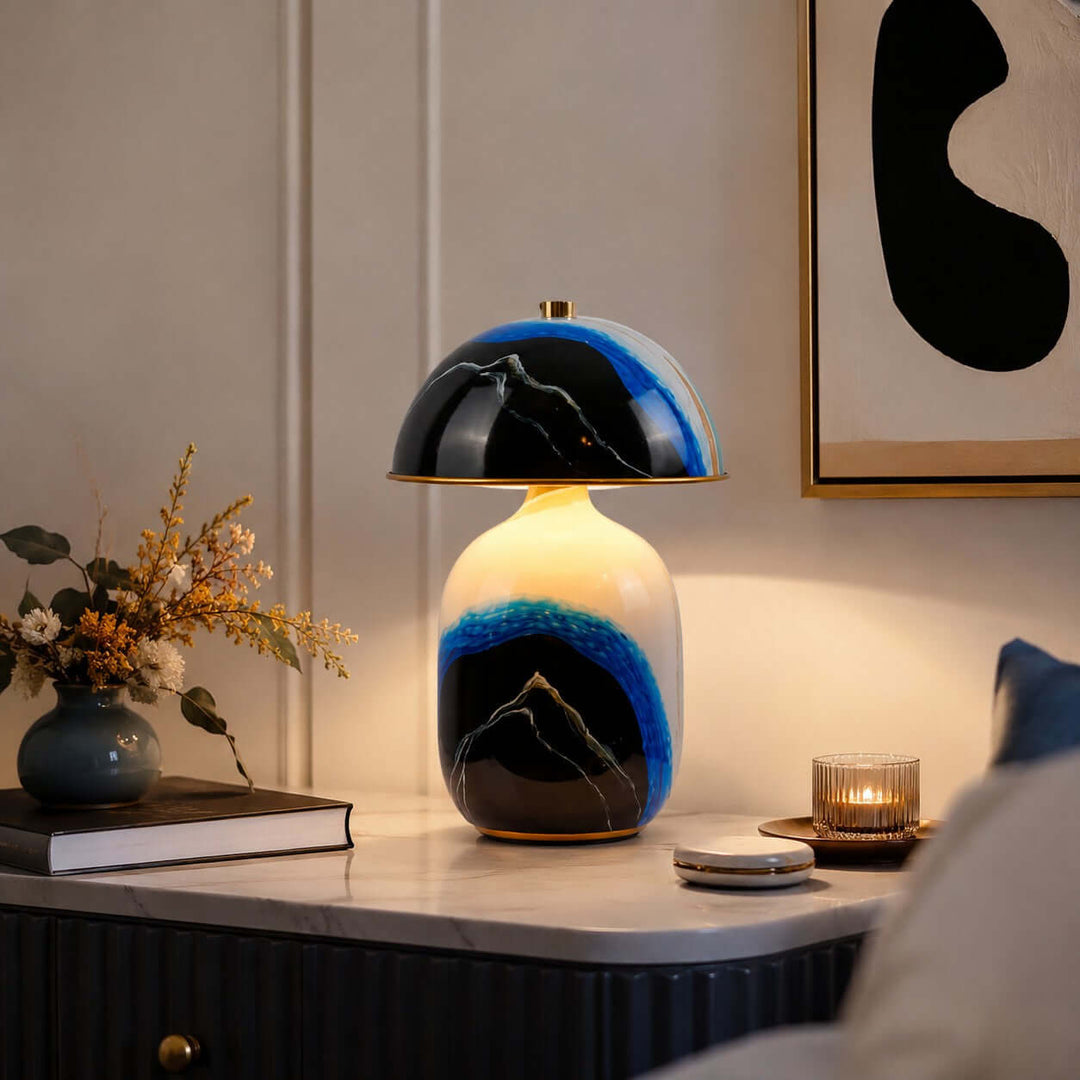 Evarin Table Lamp | Artistic Blue Ceramic Lamp for Living Rooms
