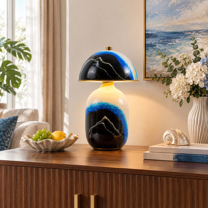 Evarin Table Lamp | Artistic Blue Ceramic Lamp for Living Rooms