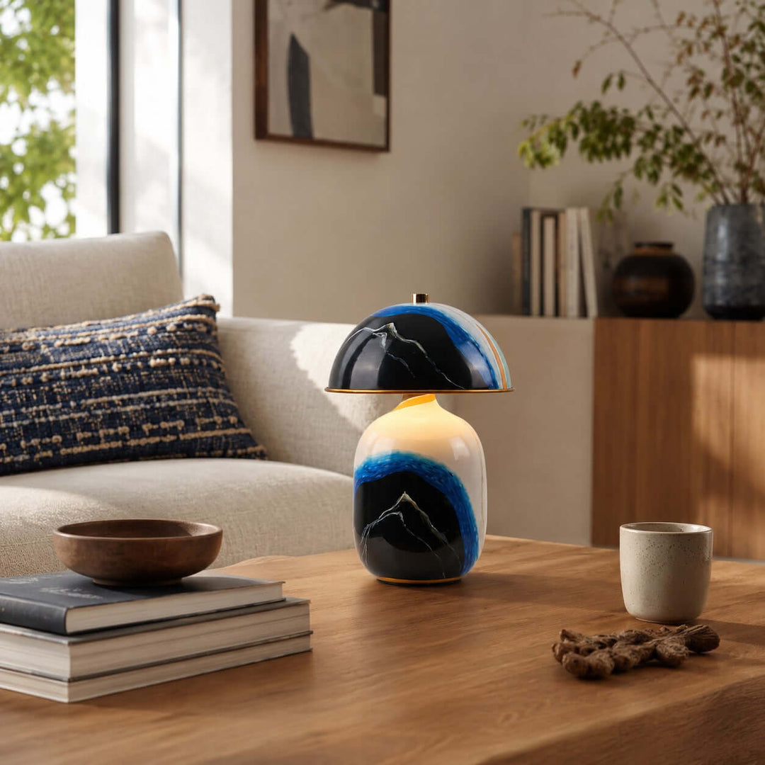 Evarin Table Lamp | Artistic Blue Ceramic Lamp for Living Rooms