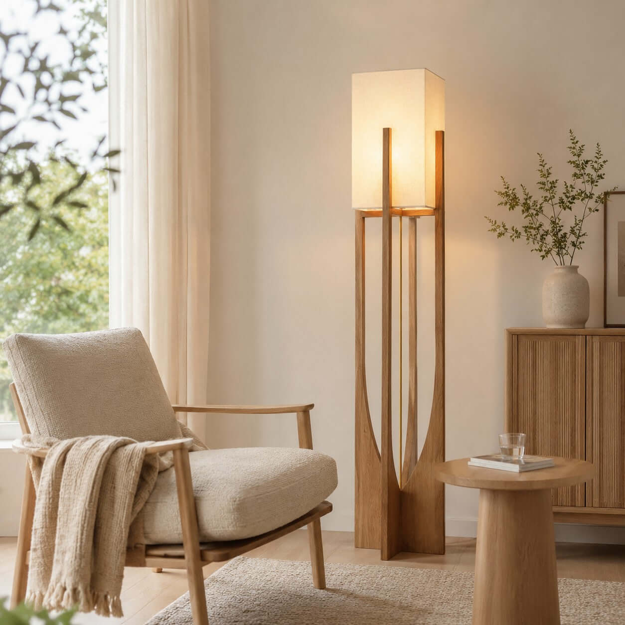 Vintage Mid Century Tall Wood Floor Lamp for Living Room & Office