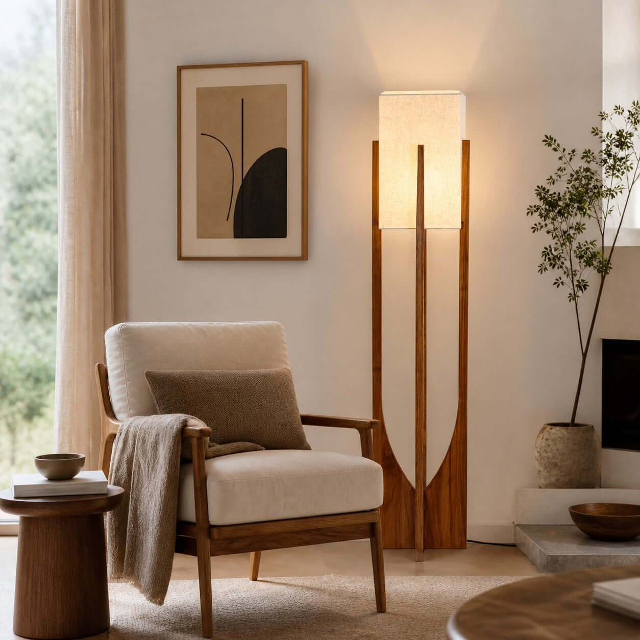 Vintage Mid Century Tall Wood Floor Lamp for Living Room & Office