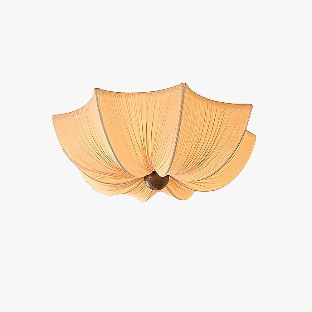 Feynar flower-shaped fabric flush mount ceiling light with walnut wood center and warm LED glow
