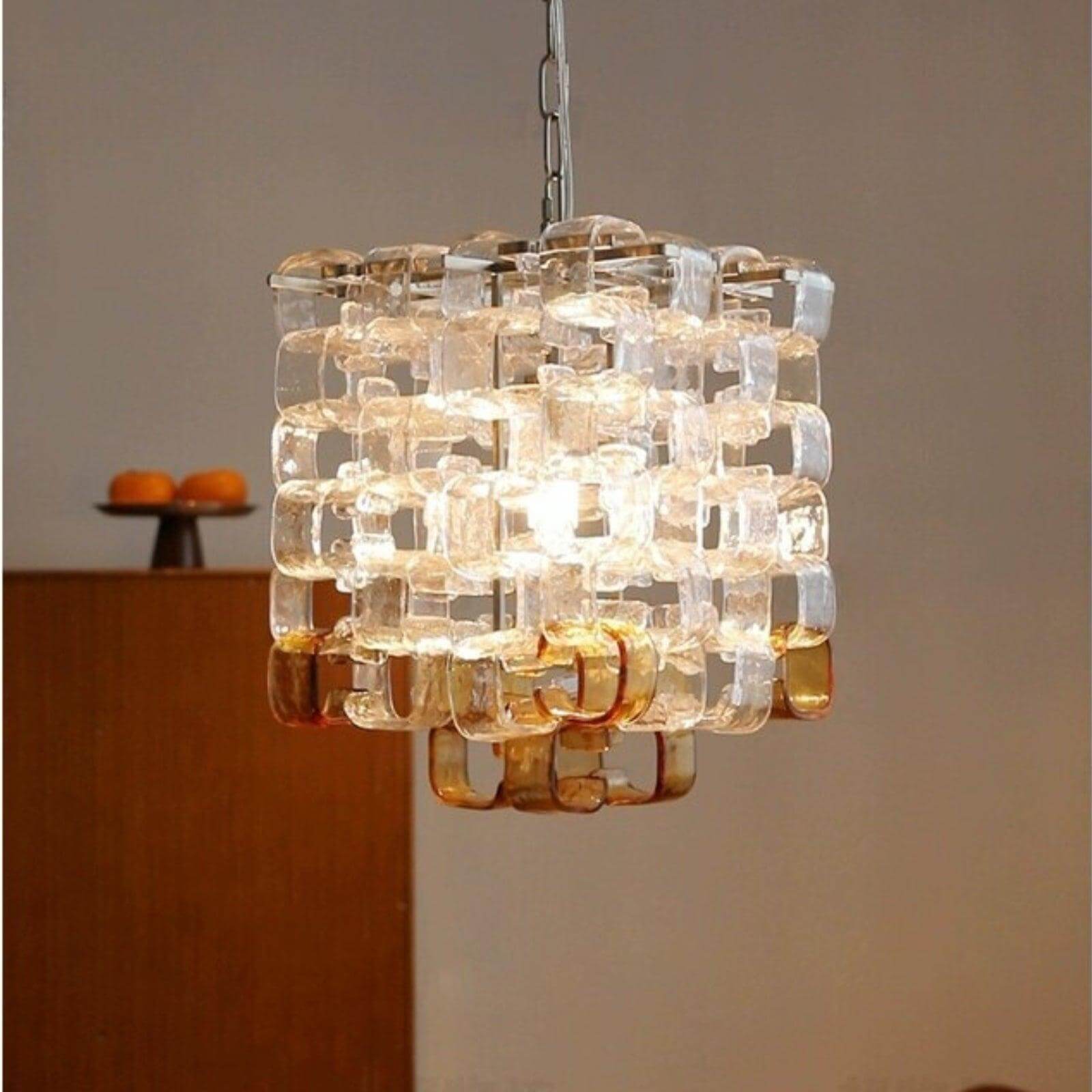 Glass Ice Cube Chandelier – Vintage Amber & Clear Glass Lighting