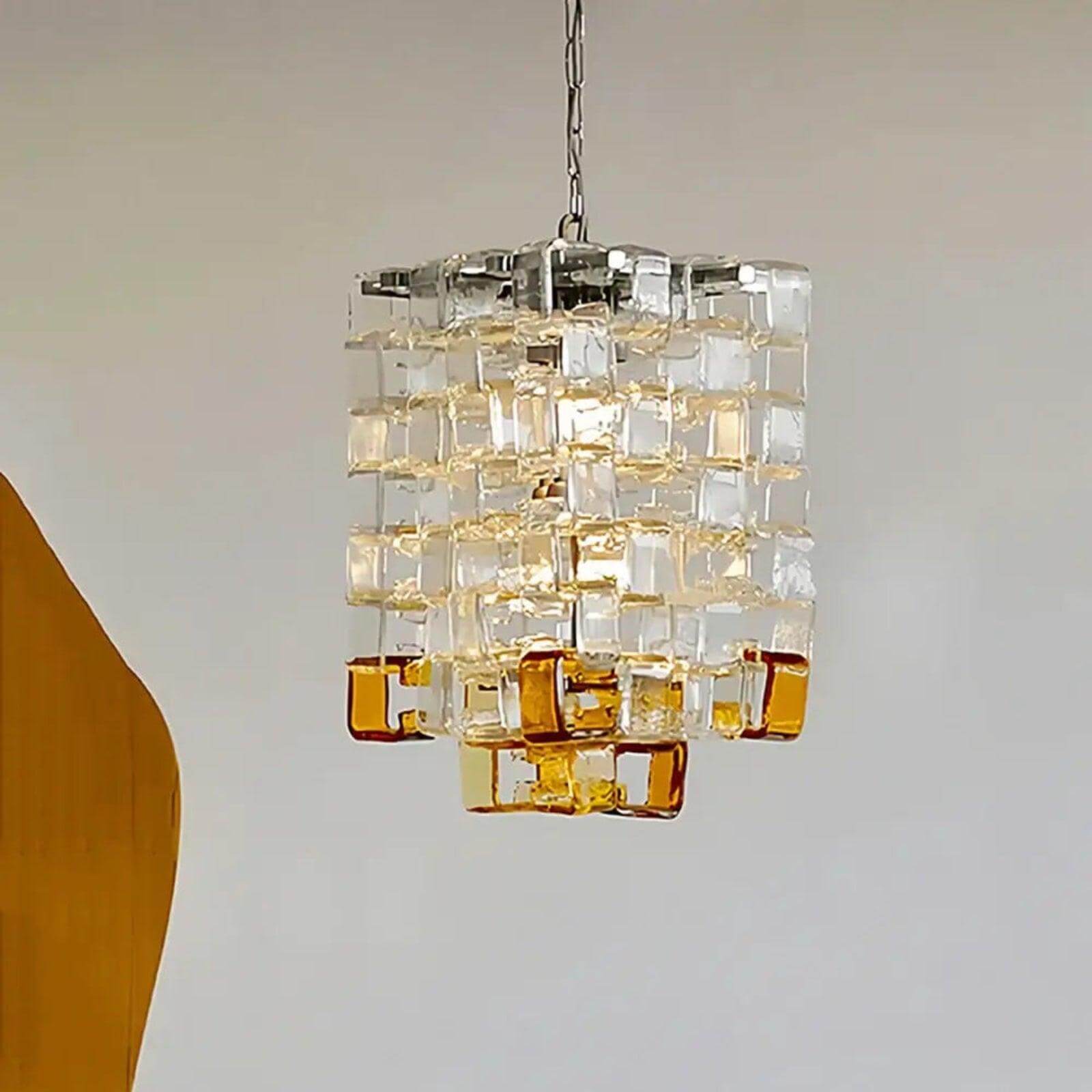 Glass Ice Cube Chandelier – Vintage Amber & Clear Glass Lighting