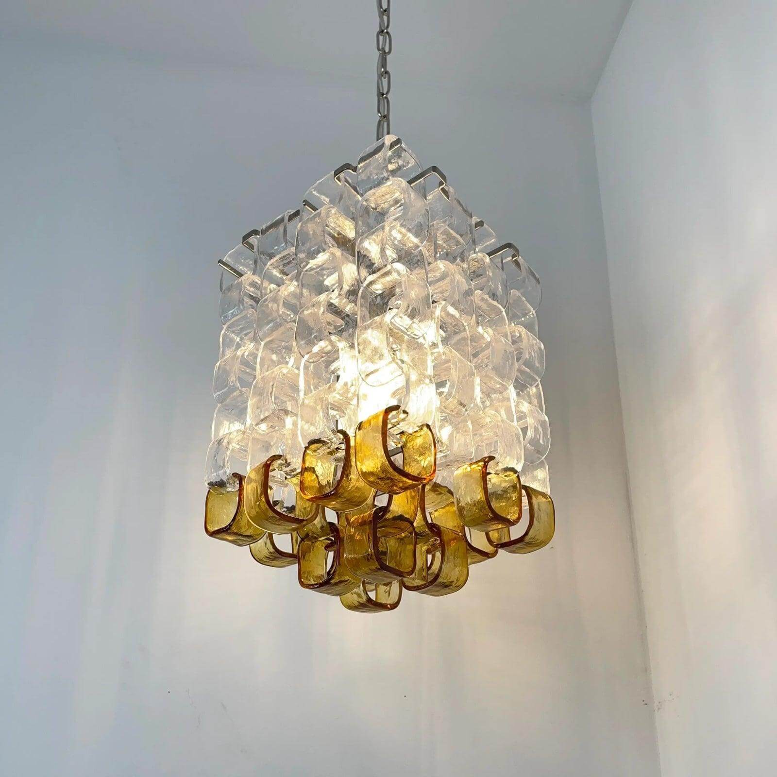 Glass Ice Cube Chandelier – Vintage Amber & Clear Glass Lighting