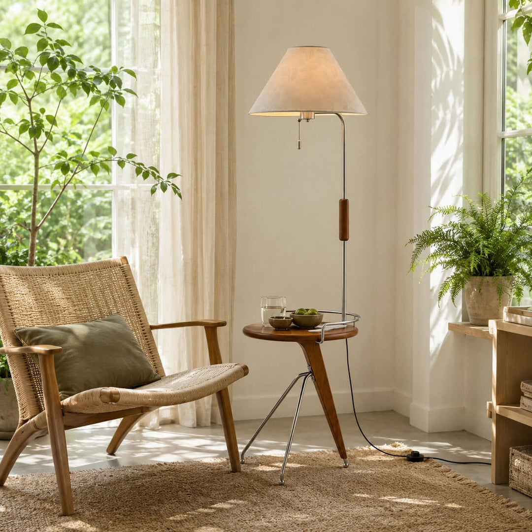 Havren Wood Floor Lamp with Table for Living Room or Bedroom
