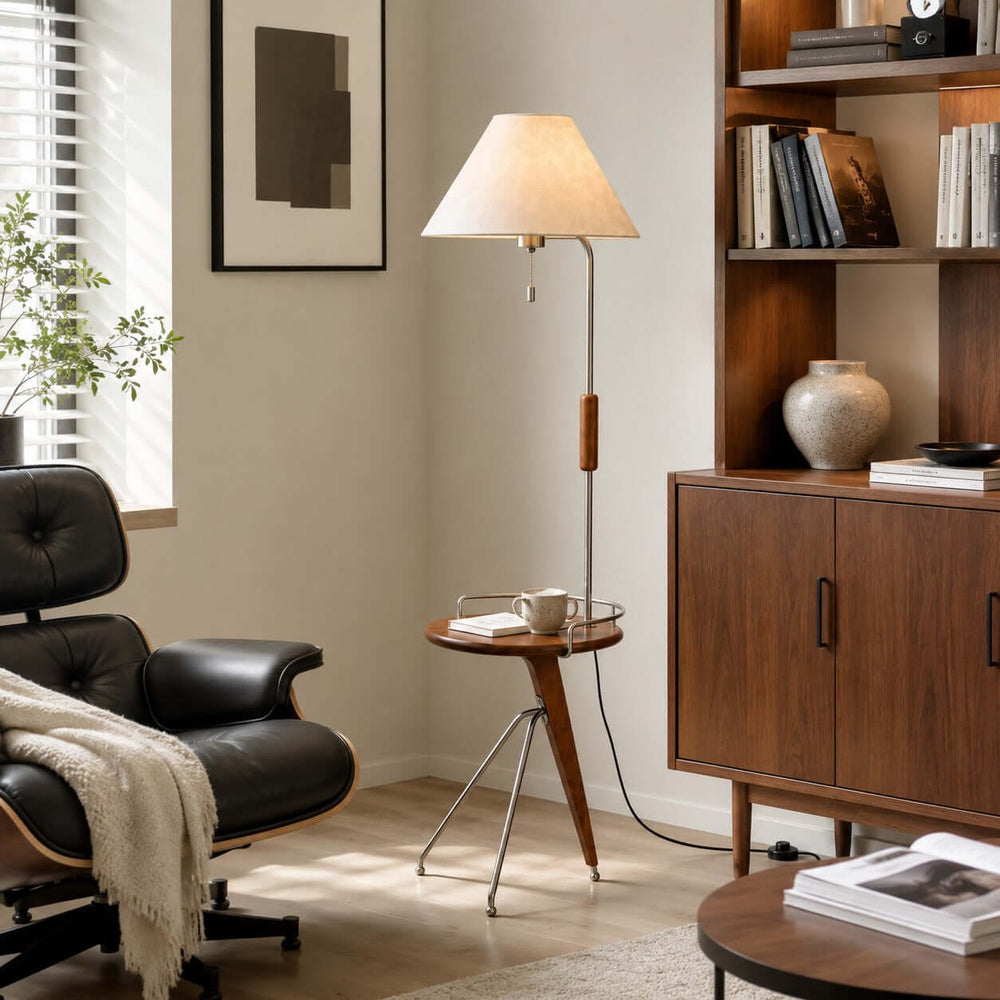 Havren Wood Floor Lamp with Table for Living Room or Bedroom