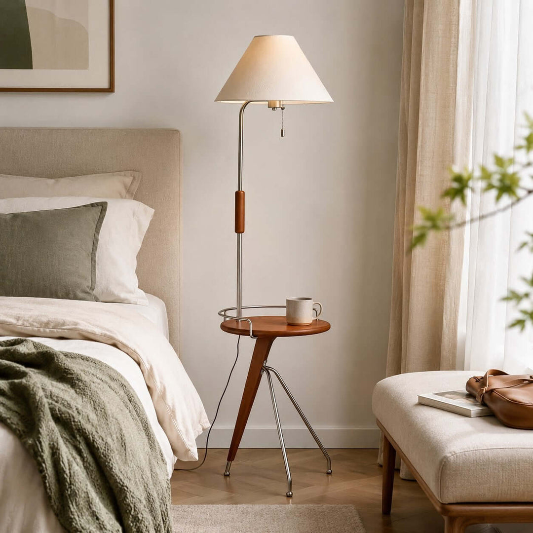 Havren Wood Floor Lamp with Table for Living Room or Bedroom