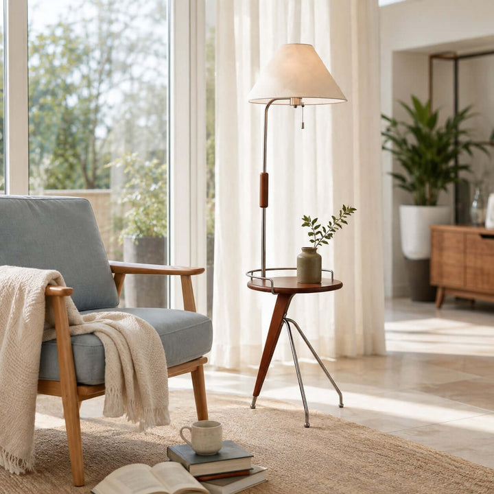 Havren Wood Floor Lamp with Table for Living Room or Bedroom