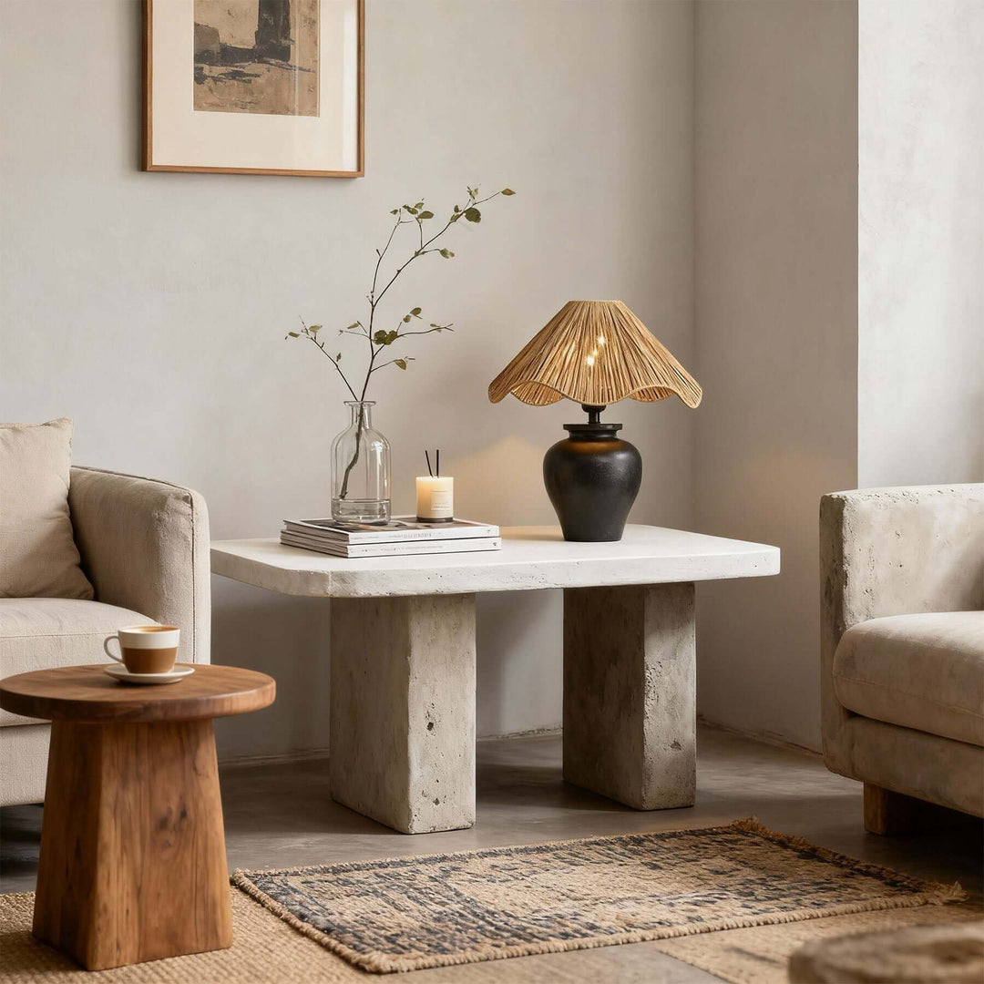 Keluno Table Lamp – Vintage Wabi-Sabi Wood & Raffia Lamp